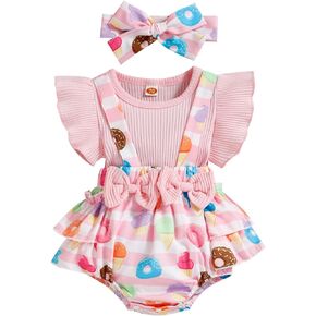 Xiaodriceee Newborn Baby Girl Summer Clothes Ruffle Sleeve Doughnut Floral Print Ribbed Suspender Romper Headband 2Pcs Set