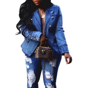 Vaceky Denim Blazers Women Business Casual Collared Long Sleeve Button Jean Jackets