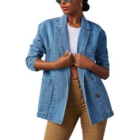 chouyatou Women's Fall Business Casual Denim Blazer Suit Loose Office Boyfriend Jean Jacket