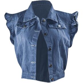 LifeShe Women's Cropped Denim Jacket Ruffle Short Sleeve Jacket Sleeveless Jean Vest