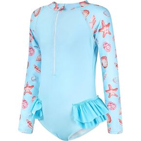 JiAmy Girls Swimsuits - One Piece Bathing Suit, Long Sleeve Zipper UPF 50+, Quick Dry Beach Swimwear for Kid 4-12 Years