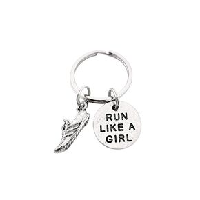 Pewter RUN LIKE A GIRL with Running Shoe Charm Key Chain - Pewter Running Shoe Charm and Pewter Pendant on Stainless Steel Round Key Ring - All Pewter Key