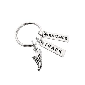 Pewter RUN TRACK DISTANCE Key Chain - Pewter Running Shoe Charm, Pewter TRACK and Pewter DISTANCE Pendant on Round Key Ring - All Pewter Key