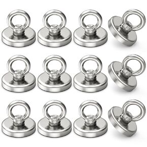 GREATMAG Neodymium Heavy Duty Magnet Hooks, 100lbs Pulling Force Strong Fishing Magnets 1.26 Inch Rare Earth Magnets with Countersunk Hole Eyebolt for Fishing, Workplace, Home (Silver, Pack of 12)
