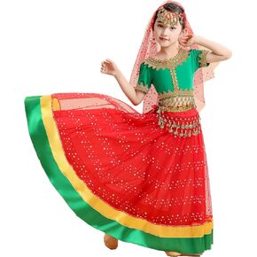 ORIDOOR Belly Dance Dress Girls Indian Bollywood Halloween Costume Chiffon Skirts Shiny Belly Dance Suits 4-Piece Outfit