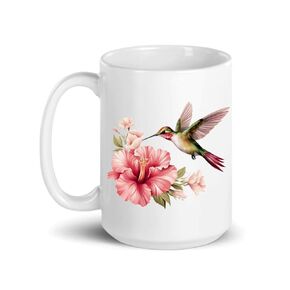 Hummingbird in Flight Flower Beautiful 15 oz Ceramic Coffee Mug - Hummingbird Cup with Flower (H2)