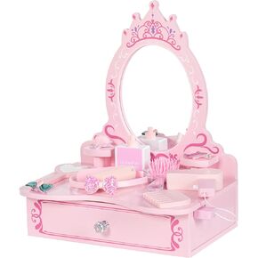 BRINJOY Wooden Vanity Set for Kids, Toddler Tabletop Beauty Salon Play Set w/Accessories & Drawer, Princess Makeup Pretend Play Vanity Table Toy with Mirror for Little Girls Age 3-8