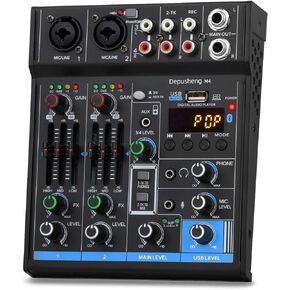 4 Channel USB Interface Mixer, DJ Sound Controller Mini Mixer Professional Digital Audio Portable Sound Mixing Console with Sound Card & Bluetooth Function for PC Recording - Depusheng M4, Black