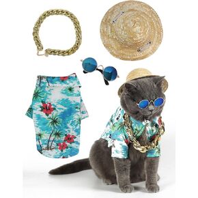 Hawaiian Dog T Shirts Pet Summer Clothes Cat Sunglasses Funny Straw Hat Kitten Costumes with Gold Chain Collar (Medium,Cyan-Blue)