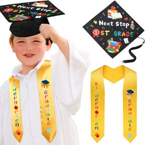 Jetec 2024 Kindergarten Graduation Cap and Printed Graduation Stole Sash Preschool Kindergarten Graduation Gifts for Kids(Golden Sash, Stylish Style)