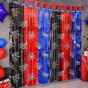 Bupelo Spider Web Birthday Decorations, 2 Pack Spider Party Supplies 3.3x6.6ft Tinsel Foil Fringe Curtains, Red Black, and Blue Photo Booth Prop Backdrop Streamer, Birthday Decor, Party Decor for Boys