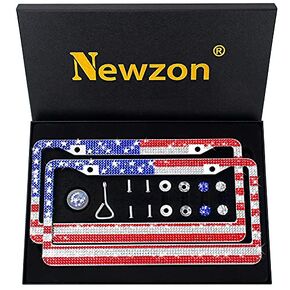 Newzon Glitter AB Rhinestone License Plate Frames, 1 Pack Stylish Colorful Glass Crystal License Plate Frame, Luxury Handmade Diamond License Plate Holder with Bling Cap Screw Set Correct Fit Car, SUV