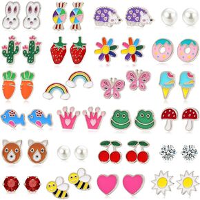 24 Pairs Hypoallergenic Stud Earrings for Girls Kids Cute Stainless Steel Stud Earrings Fun Mushroom Butterfly Flower Rainbow Frog Stud Earrings Set Jewelry Gifts for Little Girls Women