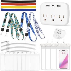 Cruise Ship Essentials Kit 21pcs, 4 People Cruise Kit, 8 Luggage Tags 4 Lanyards for Cards 4 Phone Bags 4 Towel Tie 1 Power Strip for Cruise Canival
