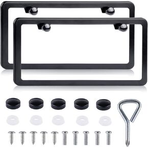 License Plate Frames Black - 2 Pack Rustproof Stainless Steel License Plate Holders, Well-Equipped Durable Front License Plate Mounting Kit with 2 Holes, Universal Car Accessories for Diverse Vehicles