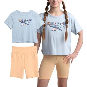 Reebok Girls' Active Shorts Set - 2 Piece Dry Fit Performance T-Shirt and Bike Shorts - Summer Activewear for Girls (7-12)
