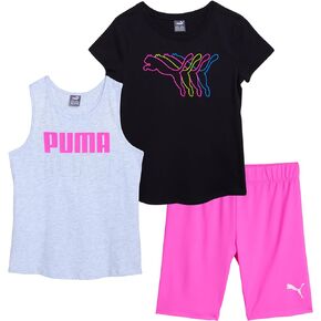 PUMA Girls' Active Shorts Set - 3 Piece Performance T-Shirt, Tank Top, Bike Shorts - Summer Athletic Outfit for Girls (S-XL)
