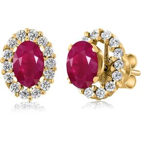 Gem Stone King 18K Yellow Gold Plated Silver Red Ruby Stud Earrings with Removable Jackets For Women (1.56 Cttw, Gemstone July Birthstone, Oval 6X4MM)