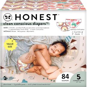 The Honest Company Clean Conscious Diapers | Plant-Based, Sustainable | Wingin' It + Catching Rainbows | Super Club Box, Size 5 (27+ lbs), 84 Count