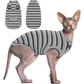 BRKURLEG Hairless Cats T Shirt Grey Stripes Pullover Kitten Shirts Sleeveless Summer Round Collar Cotton Cat Wear Vest for Cornish Rex Devon Rex Peterbald and Small Dogs Sweater