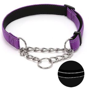 Martingale Dog Collar with Stainless Steel Chain, Adjustable Soft Padded Nylon Reflective Collar, No Pull Heavy Duty Chain Walking Training Colllars for Large, Medium, Small Dogs(Blue, 10.6" - 15.7")