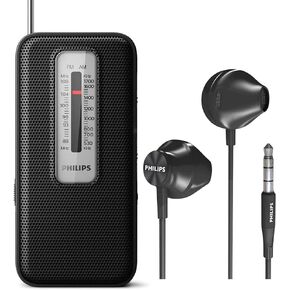 Philips AM FM Battery Operated Portable Pocket Radio, AM FM Compact Transistor Radios Player with Bonus Philips in-Ear Headphones (Black)