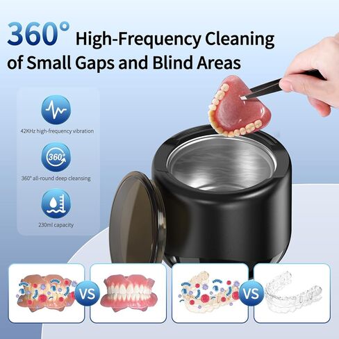 Qimic Ultrasonic Retainer Cleaner Machine, Portable 42kHz Jewelry Cleaner for Home or Travel Use, Night Guard Cleaner for Dentures, Aligner, Retainer, Whitening Trays in Kuwait
