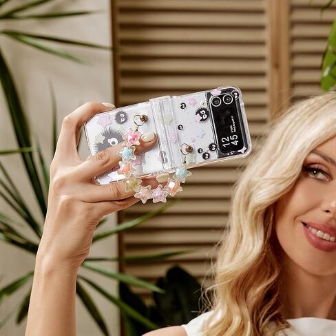 NXBNK for Galaxy Z Flip 4 Case, Star briquettes Handmade Hard Clear Three-Section Protection Case for Samsung Galaxy Z Flip 4 Phone case, Cartoon case for Girls Women - Star briquettes in Kuwait