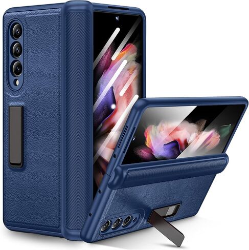 Ruky Case for Samsung Galaxy Z Fold 3 with Kickstand, Hinge Protection Case Full Body with Built-in Screen Protector PU Leather Protective Phone Stand Case for Samsung Galaxy Z Fold 3 5G, Blue in Saudi Arabia