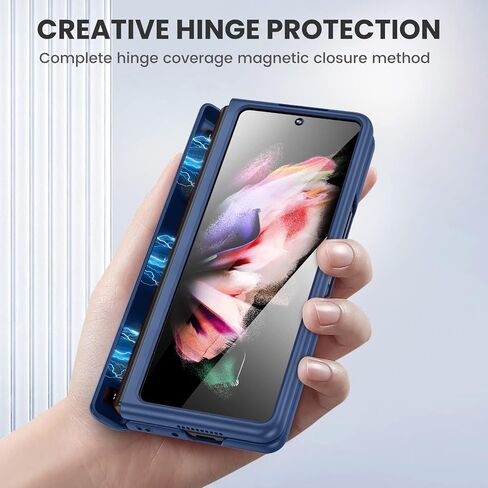 Ruky Case for Samsung Galaxy Z Fold 3 with Kickstand, Hinge Protection Case Full Body with Built-in Screen Protector PU Leather Protective Phone Stand Case for Samsung Galaxy Z Fold 3 5G, Blue in Saudi Arabia