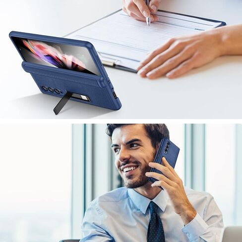 Ruky Case for Samsung Galaxy Z Fold 3 with Kickstand, Hinge Protection Case Full Body with Built-in Screen Protector PU Leather Protective Phone Stand Case for Samsung Galaxy Z Fold 3 5G, Blue in Saudi Arabia