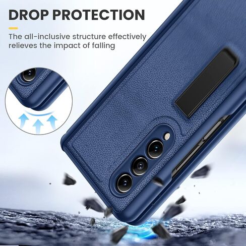 Ruky Case for Samsung Galaxy Z Fold 3 with Kickstand, Hinge Protection Case Full Body with Built-in Screen Protector PU Leather Protective Phone Stand Case for Samsung Galaxy Z Fold 3 5G, Blue in Saudi Arabia