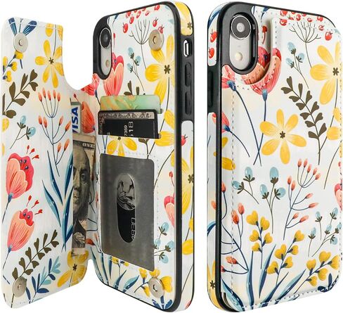 حافظة HAOPINSH لهاتف iPhone XR مع حامل بطاقة، حافظة بنمط زهور زهرية خلفية قابلة للطي من جلد البولي يوريثان مع فتحات للبطاقات للنساء والفتيات، مشبك مغناطيسي مزدوج غطاء مقاوم للصدمات 6.1 بوصة in Kuwait