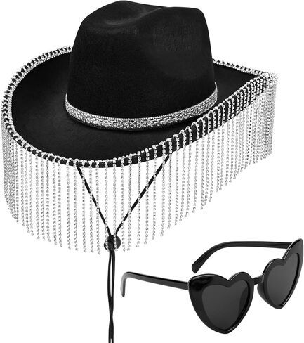 Yoiemivy هامش حجر الراين قبعة رعاة البقر مع النظارات الشمسية على شكل قلب راعية البقر قبعة مبهرة بريق قبعة رعاة البقر الغربية للنساء الرجال ديسكو تأثيري زي الطرف (أسود) in Kuwait