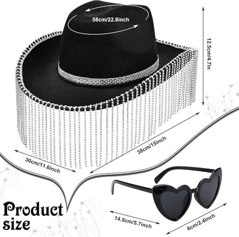 Yoiemivy هامش حجر الراين قبعة رعاة البقر مع النظارات الشمسية على شكل قلب راعية البقر قبعة مبهرة بريق قبعة رعاة البقر الغربية للنساء الرجال ديسكو تأثيري زي الطرف (أسود) in Kuwait
