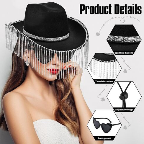 Yoiemivy هامش حجر الراين قبعة رعاة البقر مع النظارات الشمسية على شكل قلب راعية البقر قبعة مبهرة بريق قبعة رعاة البقر الغربية للنساء الرجال ديسكو تأثيري زي الطرف (أسود) in Kuwait