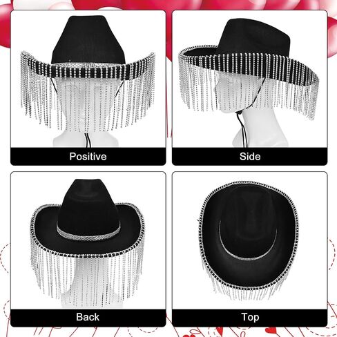 Yoiemivy هامش حجر الراين قبعة رعاة البقر مع النظارات الشمسية على شكل قلب راعية البقر قبعة مبهرة بريق قبعة رعاة البقر الغربية للنساء الرجال ديسكو تأثيري زي الطرف (أسود) in Kuwait