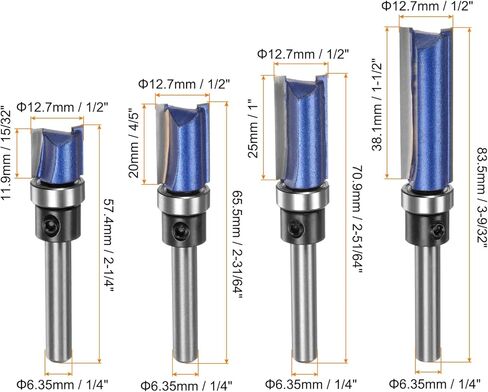 HARFINGTON Pattern Flush Trim Router Bit 1/4" Shank 1/2" Cutting Dia 15/32", 4/5", 1", 1-1/2" Cutting Length Precise Cutting Milling Cutter Tool with Bearings for Woodworking, Blue in Kuwait