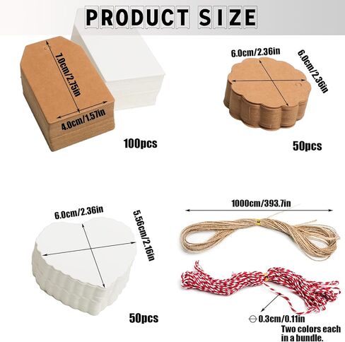 200PCS Premium Gift Tags with String, Price Tags with String, 1.57x2.75 inches/2.36inches 150pcs Brown Gift Tags and 50pcs White Gift Tags, Marking Strung Tags for Christmas Day Wedding in Saudi Arabia