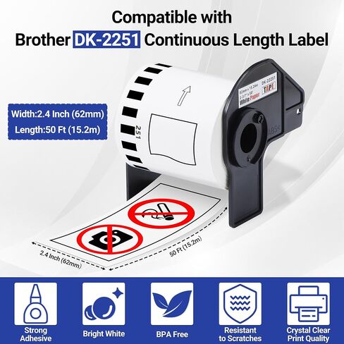 6 Rolls DK-2251 Continuous Length Replacement Labels Black/Red Label on White Paper Tape, Compatible Brother DK2251 Continuous Length Label Roll for QL-800, QL-810W, QL-820NWB, 2.4" x 50 feet in Kuwait