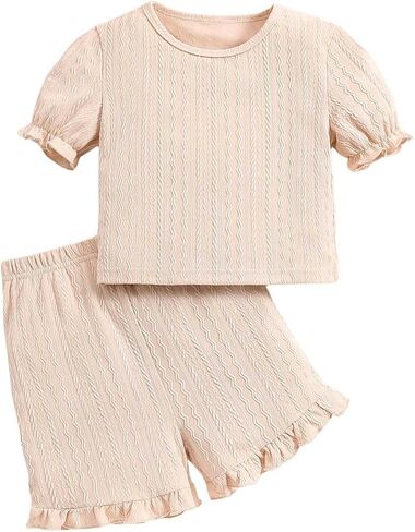 OYOANGLE Girl's 2 Piece Outfits Textured Puff Short Sleeve T Shirt and Ruffle Trim Shorts Set in Saudi Arabia