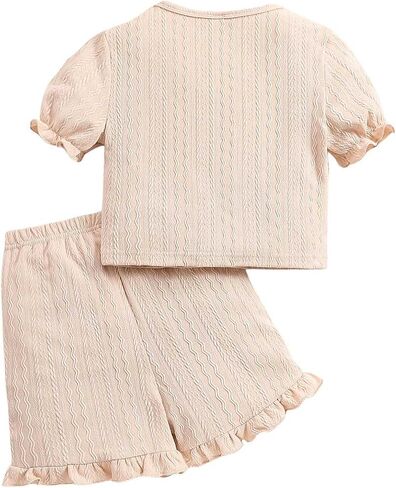 OYOANGLE Girl's 2 Piece Outfits Textured Puff Short Sleeve T Shirt and Ruffle Trim Shorts Set in Saudi Arabia