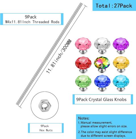قضبان ملولبة مقاس 8/32 بوصة مع قمم ماسية وصواميل سداسية، 9 قطع M4 12 بوصة 304 من الفولاذ المقاوم للصدأ قضيب ملولب بالكامل، 9 قطع مقابض زجاجية كريستالية (كلاسيك أ)، 9 قطع صواميل سداسية لقضبان أوتاد الحديقة المطرزة. in Kuwait