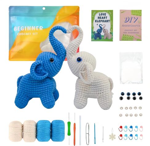 مجموعة الكروشيه للمبتدئين من YEPLINS، مجموعات حيوانات الحياكة مع دروس فيديو خطوة بخطوة، مجموعة أدوات الحياكة للبالغين والأطفال - زوجين فيل (عبوتان) in Kuwait