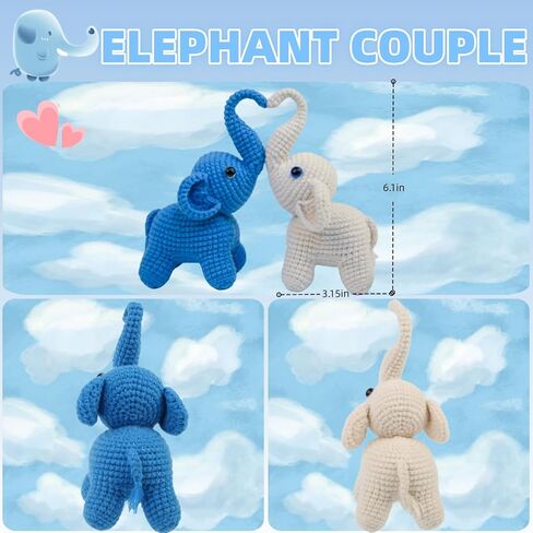 مجموعة الكروشيه للمبتدئين من YEPLINS، مجموعات حيوانات الحياكة مع دروس فيديو خطوة بخطوة، مجموعة أدوات الحياكة للبالغين والأطفال - زوجين فيل (عبوتان) in Kuwait