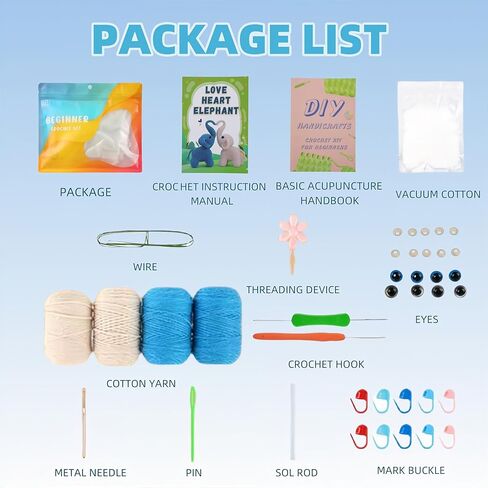 مجموعة الكروشيه للمبتدئين من YEPLINS، مجموعات حيوانات الحياكة مع دروس فيديو خطوة بخطوة، مجموعة أدوات الحياكة للبالغين والأطفال - زوجين فيل (عبوتان) in Kuwait