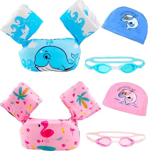 مجموعة من 2 سترة سباحة للأطفال من Rcanedny سترات قافزة تطفو على حمام السباحة ونظارات السباحة للأولاد والبنات بوزن 30 إلى 55 رطلاً وحفلات حمام السباحة in Kuwait