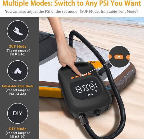مضخة لوح مجداف قابلة لإعادة الشحن من دوجي مع بطارية 7500 مللي أمبير في الساعة، مضخة هواء كهربائية عالية الضغط 20 رطل لكل بوصة مربعة، مضخة سوب محمولة ذات تضخم مزدوج المرحلة، مضخة هواء ذاتية الإيقاف لألواح التجديف القابلة للنفخ والقوارب والمراتب in Kuwait
