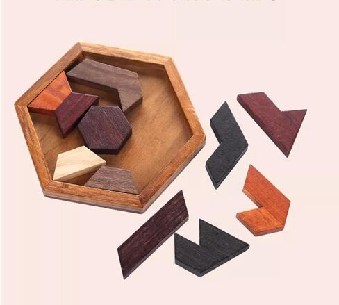 Wooden Hexagon Puzzle for Kid Shape Pattern Block Brain Teaser Puzzles Wood Block Puzzle Geometric Tangram Puzzle Blocks Game STEM Montessori Educational Gift for Kids (Classic Brown) in Saudi Arabia