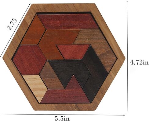 Wooden Hexagon Puzzle for Kid Shape Pattern Block Brain Teaser Puzzles Wood Block Puzzle Geometric Tangram Puzzle Blocks Game STEM Montessori Educational Gift for Kids (Classic Brown) in Saudi Arabia